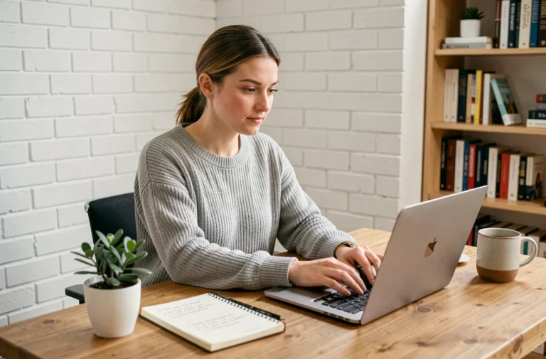 Femme travaillant depuis chez elle sur un ordinateur portable pour gagner de l'argent en ligne
