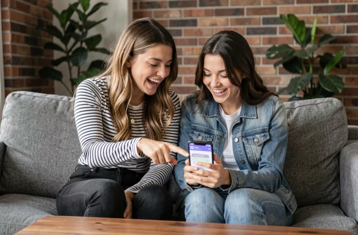 Deux jeunes femmes regardant ensemble un smartphone affichant une conversation Discord avec des abréviations comme BTBF