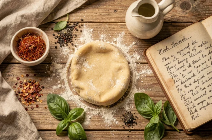Vue aérienne d'une table en bois artisanale avec pâtes fraîches farine épices herbes et carnet de recettes manuscrit pour une cuisine créative