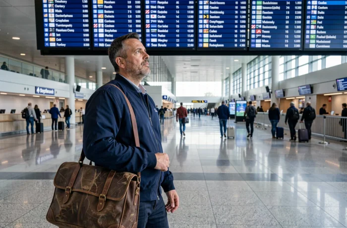 Homme contemplant le tableau des destinations dans un aéroport international avant de choisir son prochain voyage