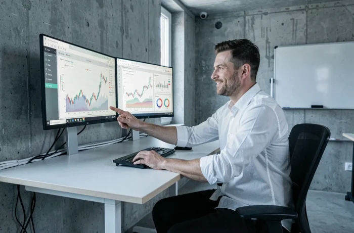 Homme analysant des données financières sur deux écrans dans un bureau à domicile moderne