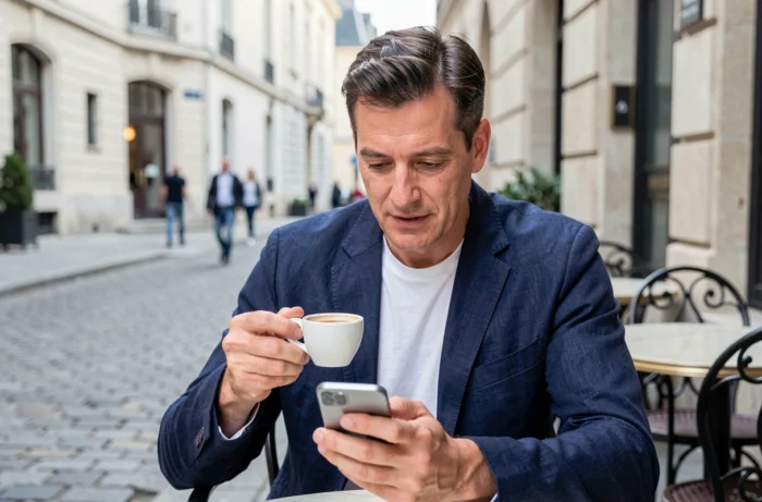 Homme attablé en terrasse de café consultant une application de voyage sur son smartphone pour choisir une destination
