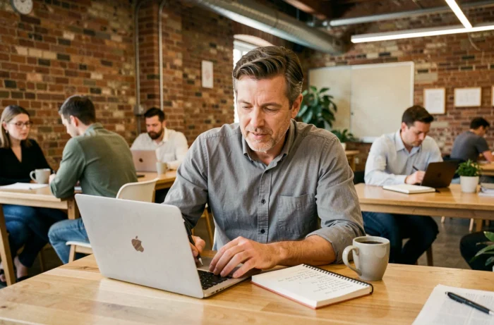 Homme d'affaires participant à une session de coaching de carrière en ligne dans un espace de coworking urbain