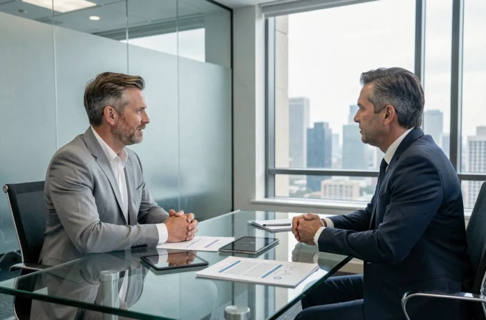 Homme en costume gris discutant de son contrat d'assurance avec un conseiller financier dans un bureau contemporain