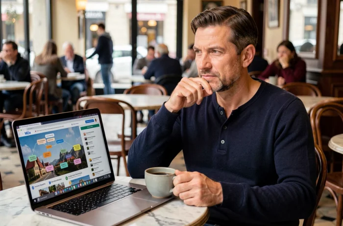 Homme consultant un plan de site de voyage sur son ordinateur portable dans un café