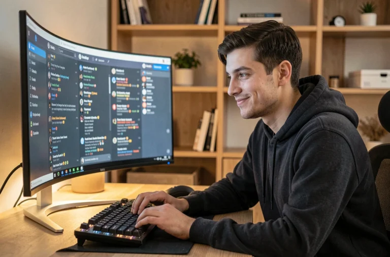 Jeune homme consultant Discord sur son écran d'ordinateur et découvrant la signification du terme BTBF dans une conversation