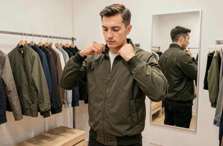 Homme en cabine d'essayage vérifiant l'ajustement d'un blouson bomber olive dans une boutique moderne