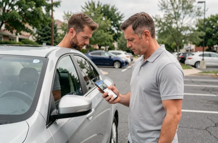 Homme inspectant sa voiture dans un parking et consultant une application d'assurance auto sur son téléphone