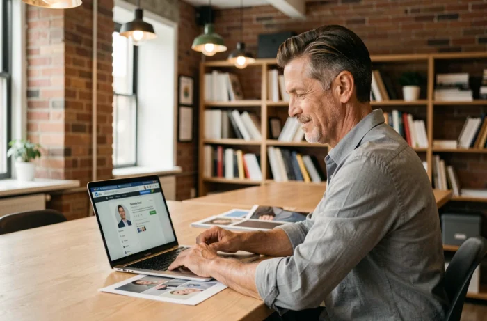 Homme consultant son portfolio professionnel pour mettre en valeur ses compétences de carrière
