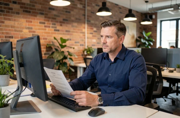 Homme d'affaires consultant son profil professionnel sur un ordinateur dans un espace de co-working moderne