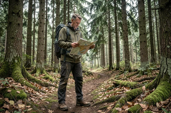 Homme randonneur dans la quarantaine consultant une carte topographique sur un sentier forestier entouré de pins