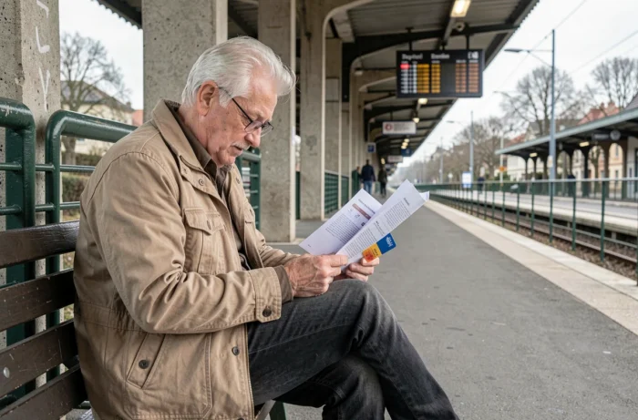 Homme senior consultant les conditions du pass Navigo gratuit sur un quai de RER en banlieue parisienne