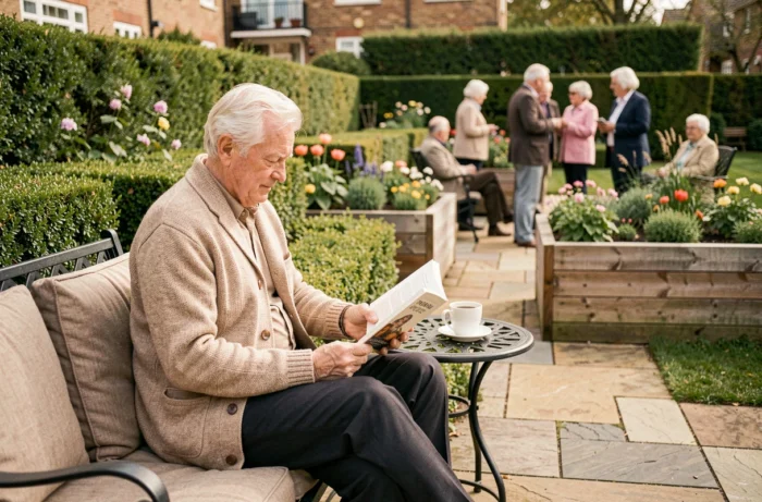 Un homme senior lit tranquillement dans le jardin partagé d'une résidence seniors abordable