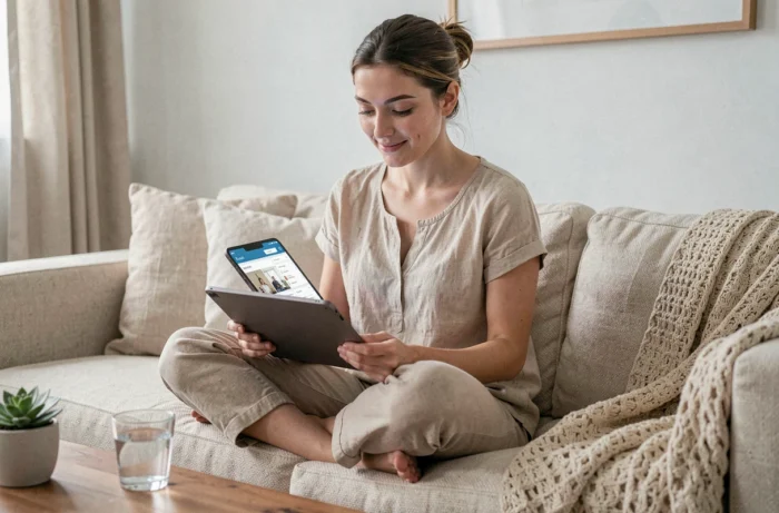 Jeune femme consultant une plateforme de freelance sur une tablette depuis son canapé à la maison