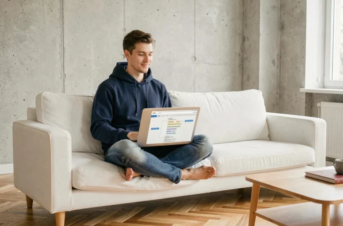 Jeune homme naviguant sur un sitemap de site web depuis son canapé avec un ordinateur portable