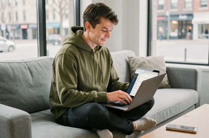 Jeune professionnel parcourant des offres d'emploi en ligne depuis son salon avec un ordinateur portable