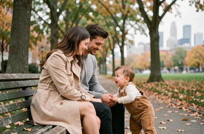 Jeune couple de parents observant leur enfant en bas âge jouer dans un parc en automne, évoquant la parentalité moderne et la vie de famille urbaine