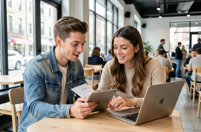 Deux jeunes professionnels collaborant sur des recherches d'emploi en ligne avec une tablette et un ordinateur portable dans un café moderne