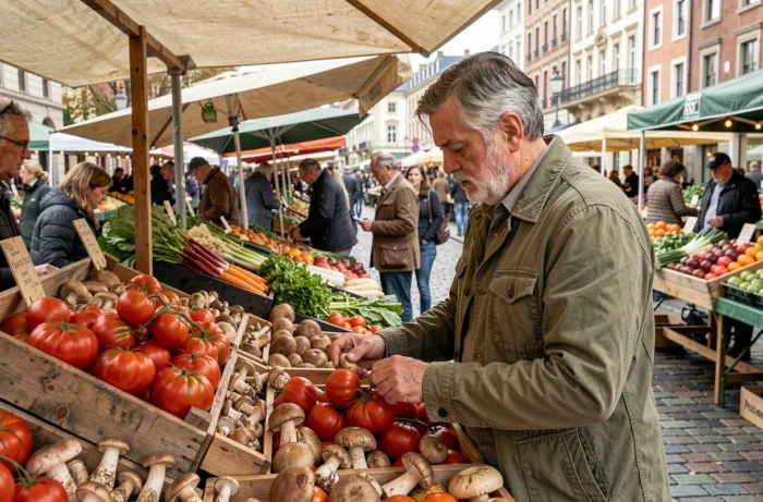 Homme inspectant des tomates anciennes et champignons exotiques sur un étal en bois dans un marché fermier animé en plein air