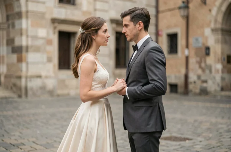 Couple en tenue de mariage se tenant la main devant une architecture européenne, illustrant les questions légales du mariage entre cousins germains