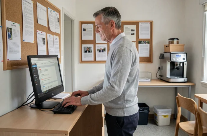 Professeur consultant sa messagerie académique de Dijon sur un ordinateur de bureau dans une salle des professeurs