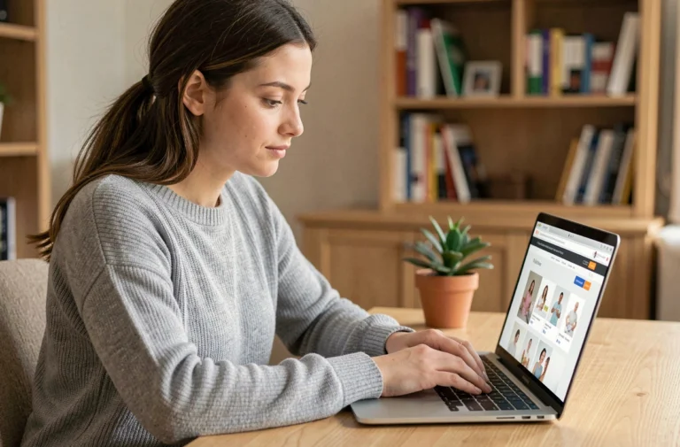 Jeune femme naviguant sur la carte du site Babys Corner depuis son bureau à domicile