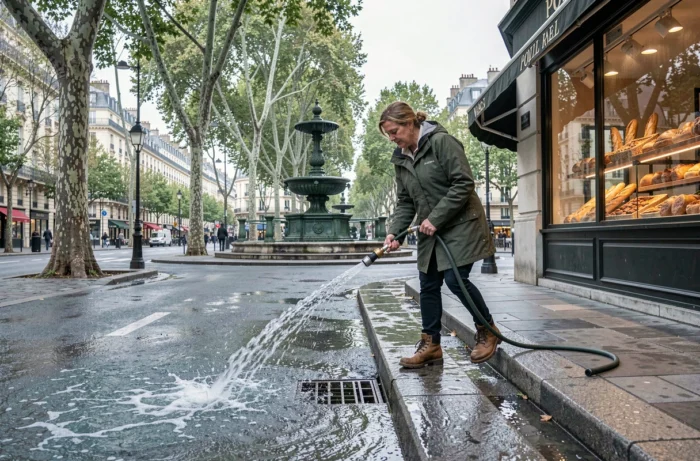 Femme rinçant le trottoir parisien au jet d'eau devant une boulangerie avec une fontaine Wallace visible en arrière-plan
