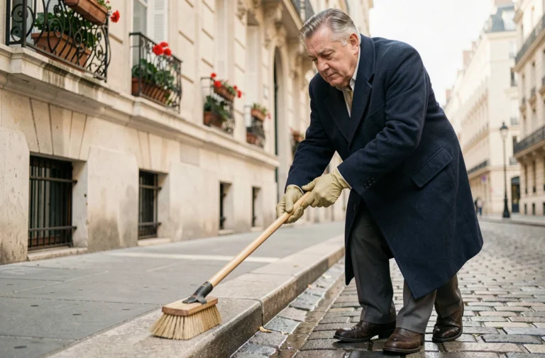 Homme âgé nettoyant le trottoir devant un immeuble haussmannien à Paris avec une brosse longue et des gants en caoutchouc