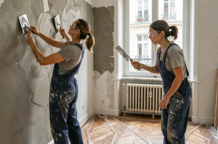 Ouvrières en salopette appliquant de l'enduit sur un mur lors d'une rénovation intérieure d'appartement résidentiel
