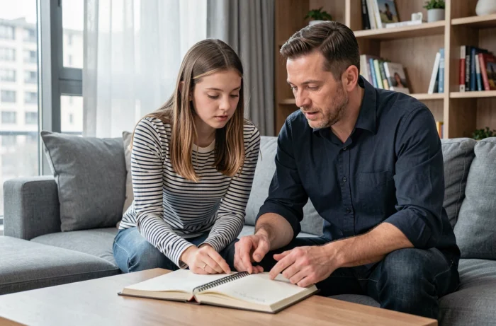 Père aidant sa fille adolescente à faire ses devoirs dans un appartement moderne, illustrant le soutien parental et la communication intergénérationnelle