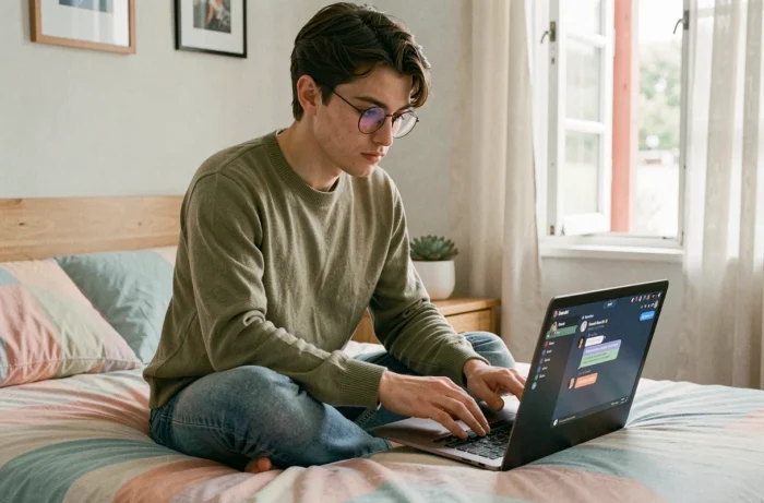 Personne assise sur un lit avec un ordinateur portable ouvert sur Discord, explorant la signification des termes et abréviations comme BTBF