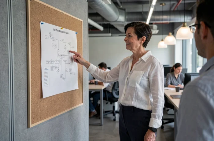 Professionnelle présentant un sitemap imprimé sur un tableau dans une salle de rédaction moderne