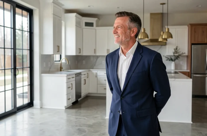 Promoteur immobilier en costume inspectant une cuisine rénovée avec sol en béton poli et menuiseries blanches modernes