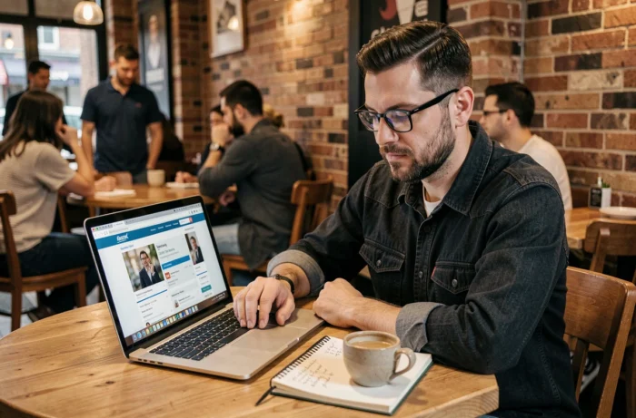 Homme recherchant des offres d'emploi en ligne sur un ordinateur portable dans un café urbain