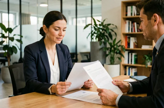 Responsable RH en réunion d'intégration avec un nouvel employé dans un bureau moderne