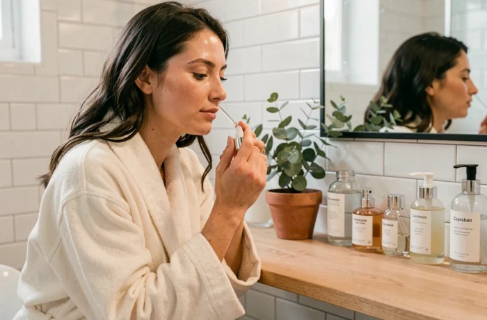 Femme appliquant un sérum sur son visage devant une coiffeuse en bois dans une salle de bain minimaliste scandinave, ambiance bien-être et skincare naturel
