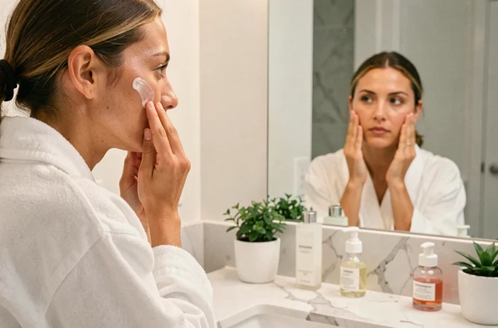 Femme appliquant sa routine de soin hydratant devant un miroir de salle de bain, beauté naturelle au quotidien