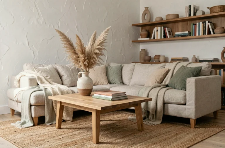 Salon scandinave décoré avec canapé en lin, table en chêne brut et plantes séchées dans un intérieur moderne et épuré