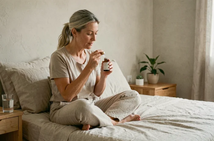 Femme mature appliquant un sérum visage dans une chambre minimaliste, rituel beauté naturel du matin