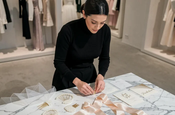 Styliste professionnelle arrangeant des accessoires de mariage tendance sur marbre blanc dans un showroom de mode haut de gamme
