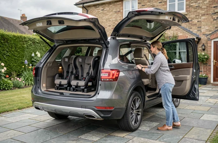 Vue extérieure arrière d'un SUV familial aux portes ouvertes révélant une banquette arrière large capable d'accueillir trois sièges enfants