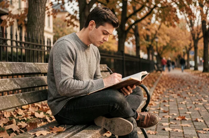 Jeune homme écrivant dans un journal intime en plein air pour explorer le vocabulaire et les synonymes liés à l'éthique