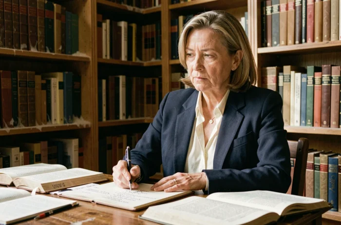 Femme réfléchissant au sens des synonymes d'éthique dans une bibliothèque personnelle entourée de livres philosophiques