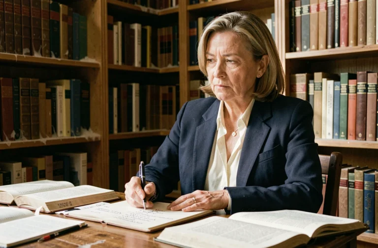 Femme réfléchissant au sens des synonymes d'éthique dans une bibliothèque personnelle entourée de livres philosophiques