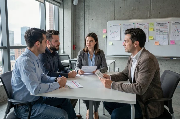 Groupe de professionnels discutant des valeurs éthiques et de leur vocabulaire lors d'une réunion en entreprise moderne