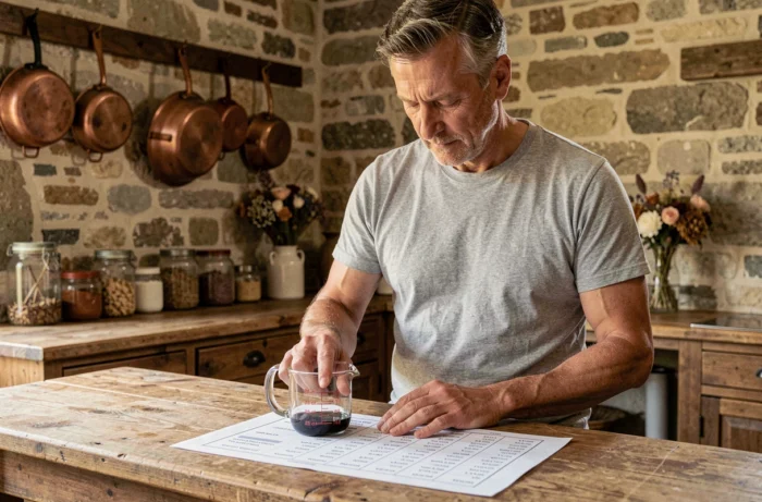 Homme consultant un tableau de conversion de quart de litre en centilitres à côté d'un verre doseur dans une cuisine rustique en pierre