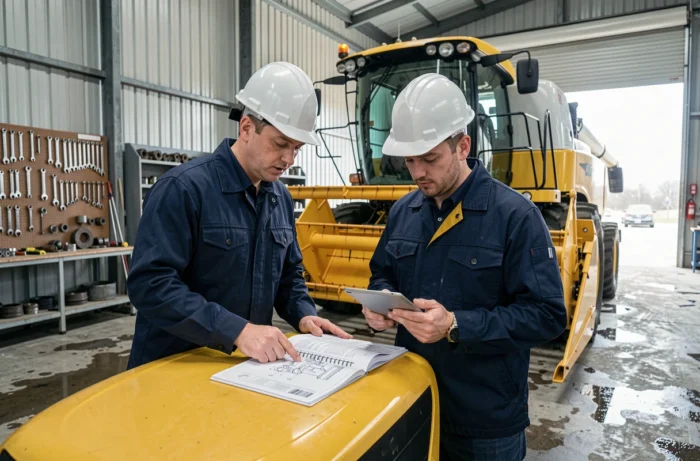 Deux techniciens agricoles examinant un manuel technique sur une moissonneuse-batteuse dans un hangar agricole