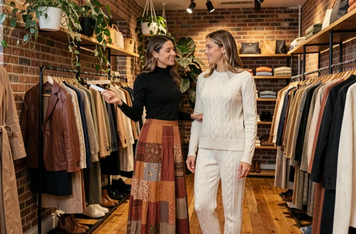 Deux femmes découvrant des vêtements tendance dans un concept store vintage aux murs en briques, mode automne look patchwork et maille sculptée