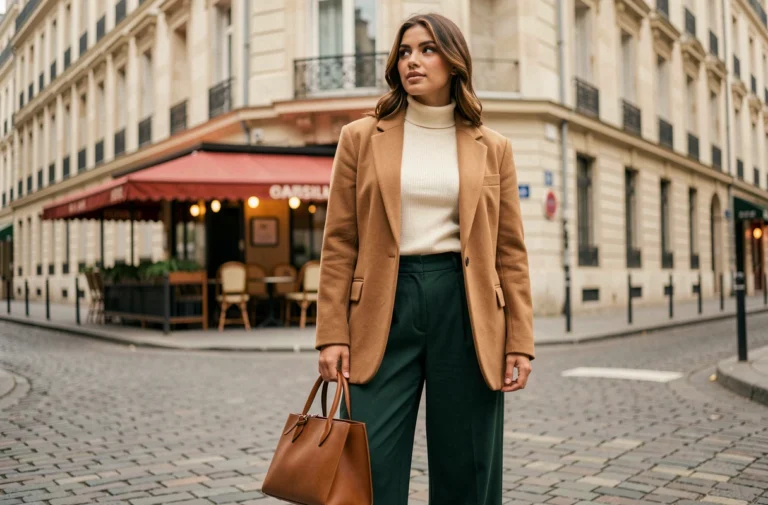 Femme élégante portant un blazer oversize camel et un pantalon large vert forêt dans une rue pavée parisienne, tendances mode automne-hiver