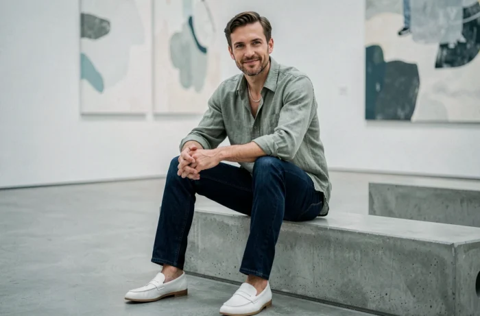 Homme stylé en chemise en lin vert sauge et jean indigo assis dans une galerie d'art contemporaine, look mode décontracté et moderne
